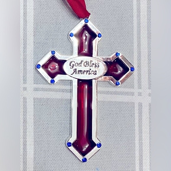 God Bless America Red Stained Glass Cross Ornament Sun Catcher Blue Swarovski - Picture 1 of 3
